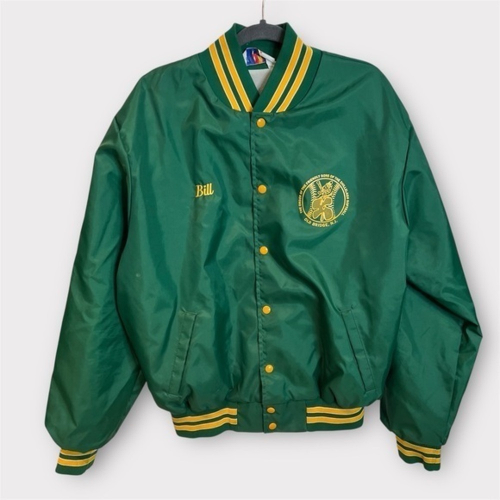 Rennoc vintage softball satin bomber varsity Jacket in green and yellow